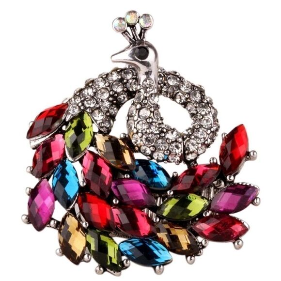 Antique Silver and Multicolor Crystal Peacock Stretch Statement Ring - Picture 1 of 4